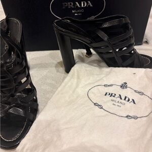 Prada Madras Leather Strappy Heels | Vero Cuoio | Black | 37.5
